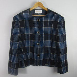 Vtg Barrie Pace Womens XL Blue Black Houndstooth Plaid LS Blazer Jacket Classic